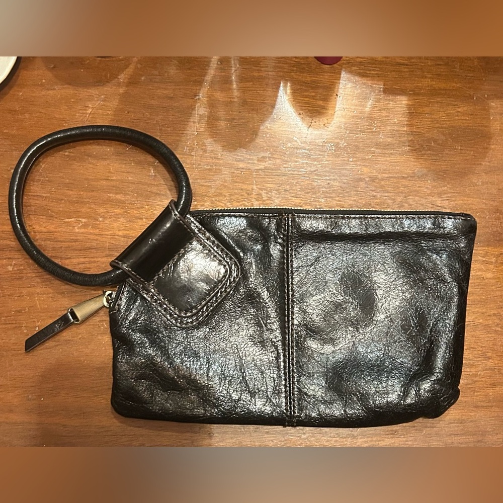 Black Leather Hobo Wristlet Clutch Wallet